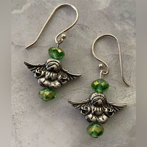 Silver Angel Earrings with Green AB Crystal Beads